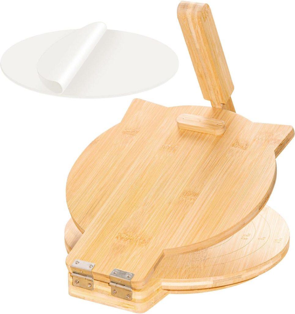 Bamboo Tortilla Press 10 Inch Wooden Tortillas Maker with 100PCS Parchment Paper Large Tortillera Presser for Mexican Taco, Pataconera, Dough Press