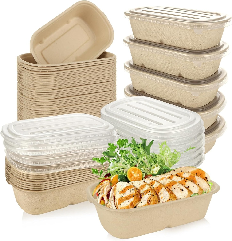 100 Pack Disposable Paper Bowls with PP Lid, 23 Oz Compostable Take Out Food Containers Rectangular Bagasse Bowls, Biodegradable Meal Prep Food Storage Deli Container for Hot/Cold Food