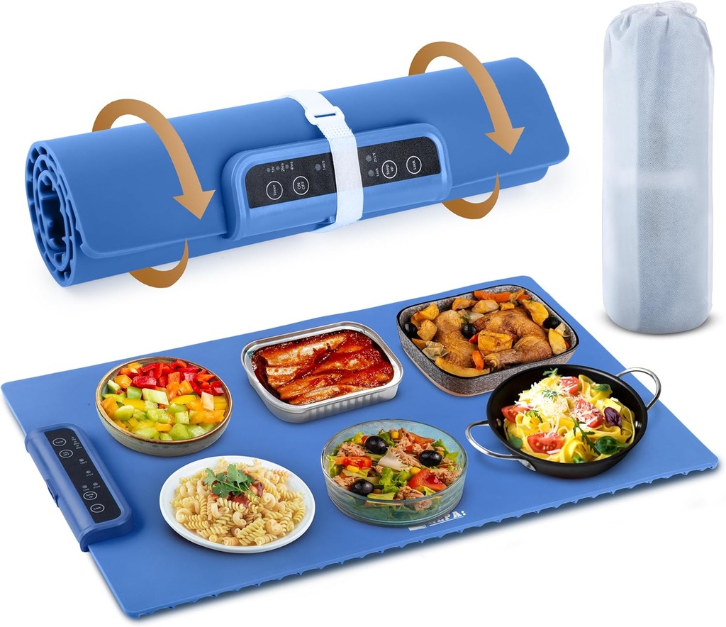 Extra Large Warming Mat for Food with Auto Shut-Off, Child Lock, Portable, Foldable Electric Warming Tray for Safe Countertop Use - Fast Heating Premium Food Heating Mat (Blue, XL-6 Dishes)