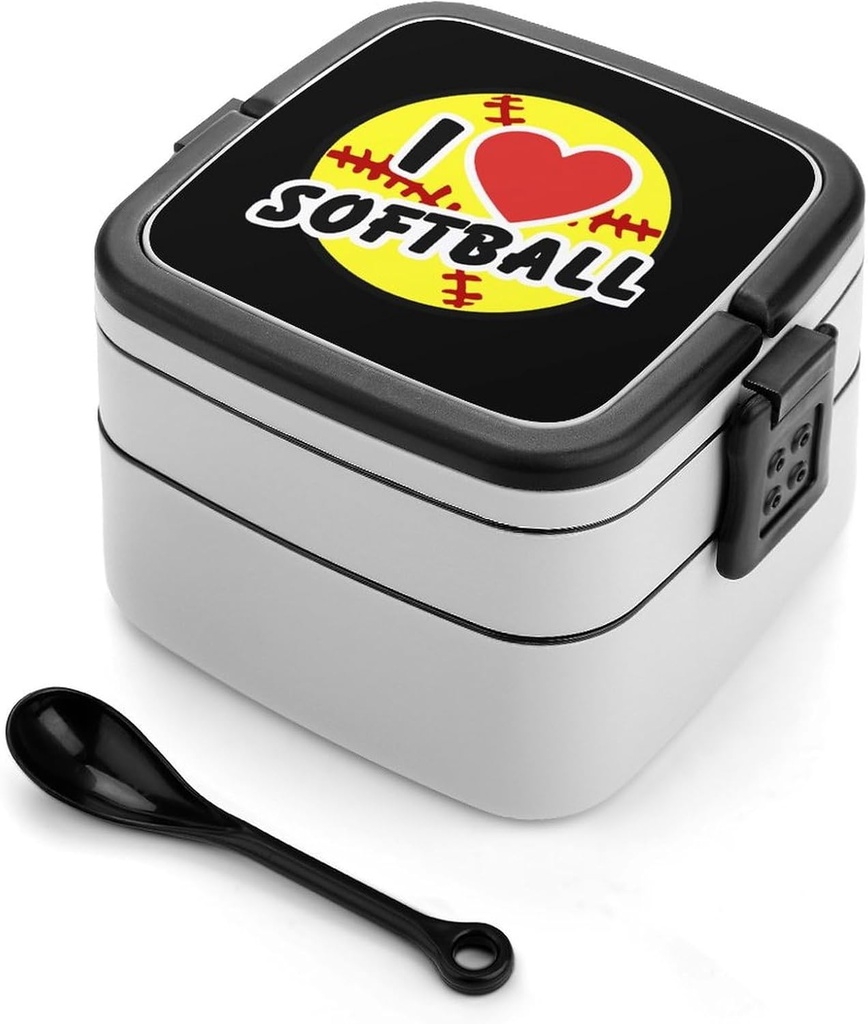 I Love Softball Lunch Box with Handle Stackable 2 Layer Leak-Proof Bento Box Portable Food Containers for Unisex