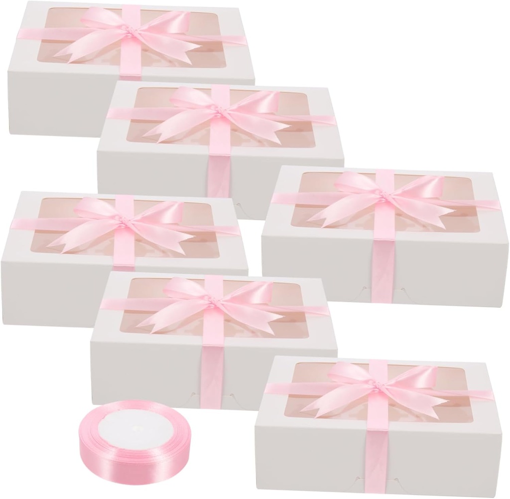 Cabilock 1set Cupcake Boxes Window Tart Holder Muffin Cake Boxes Includes Inserts and Ribbon for Bakeries and Catering Events