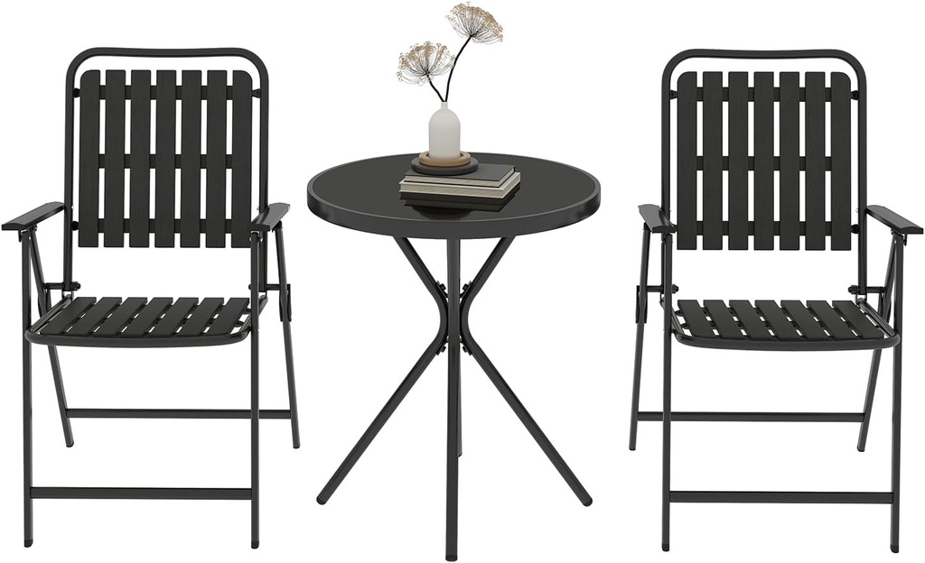 3 Piece Outdoor Bistro Set, Patio Table and Chairs Set of 2, Small Balcony Furniture with Glass Top Table, Folding Bistro Patio Set for Garden, Deck, Porch, Black Outdoor Furniture