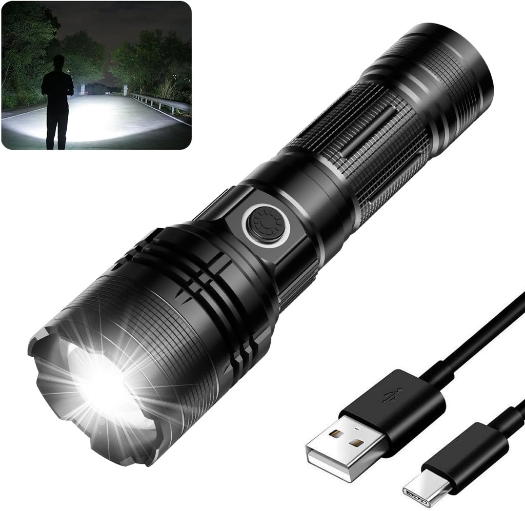Rechargeable Flashlight, Tactical Flashlights 2000 High Lumens, USB C Bright Flashlights, Handheld LED Flashlight Rechargeable 5 Modes for Home,Camping, Police, etc