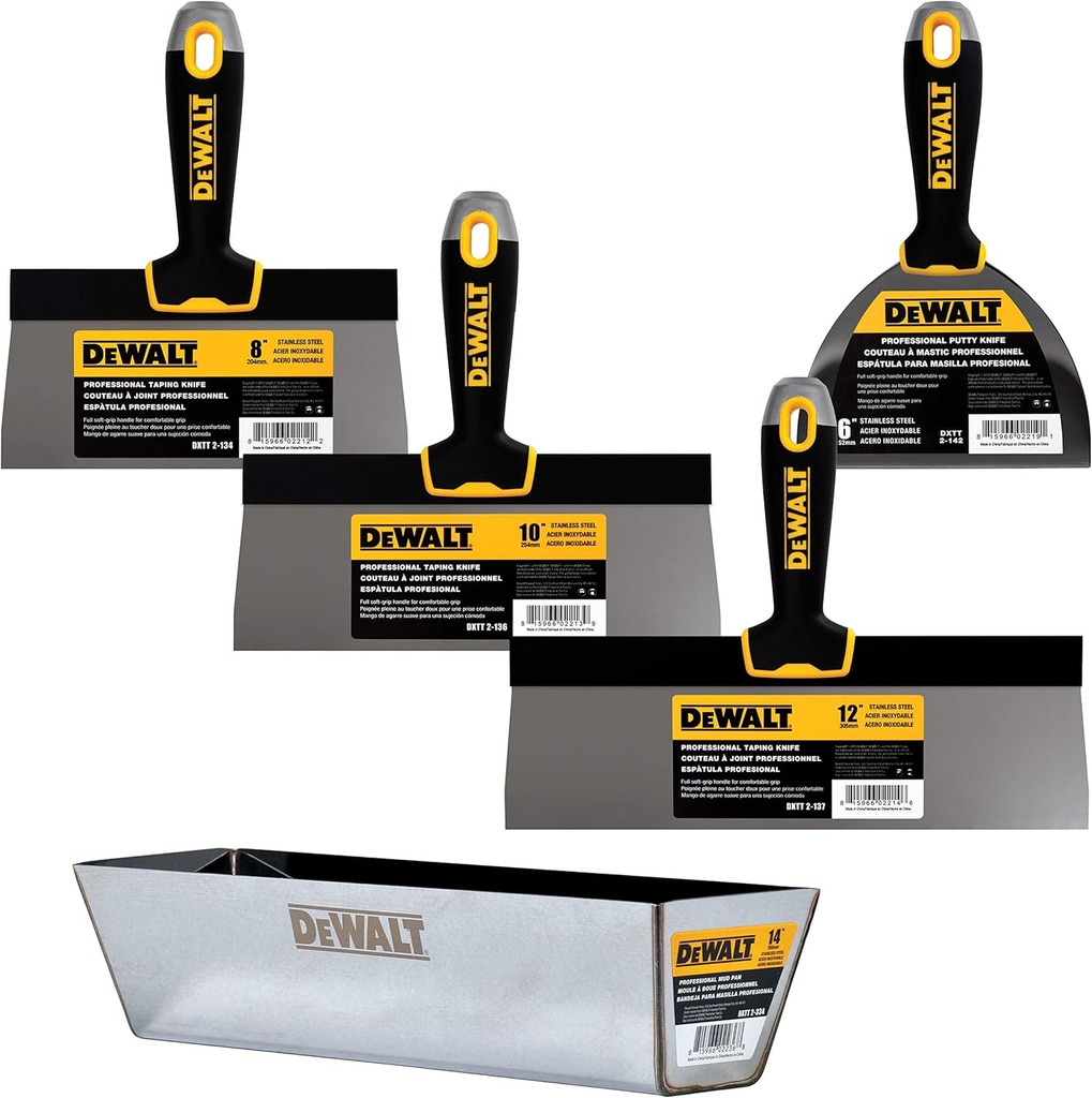 DEWALT Stainless Steel Taping Knife & Mud Pan Set | 8,10,12 Inch Taping Knives, 14 Inch Mud Pan, Bonus 6" Soft Grip Putty Knife | Soft Grip Handles | Sheetrock Gyprock Plasterboard | DXTT-3-174