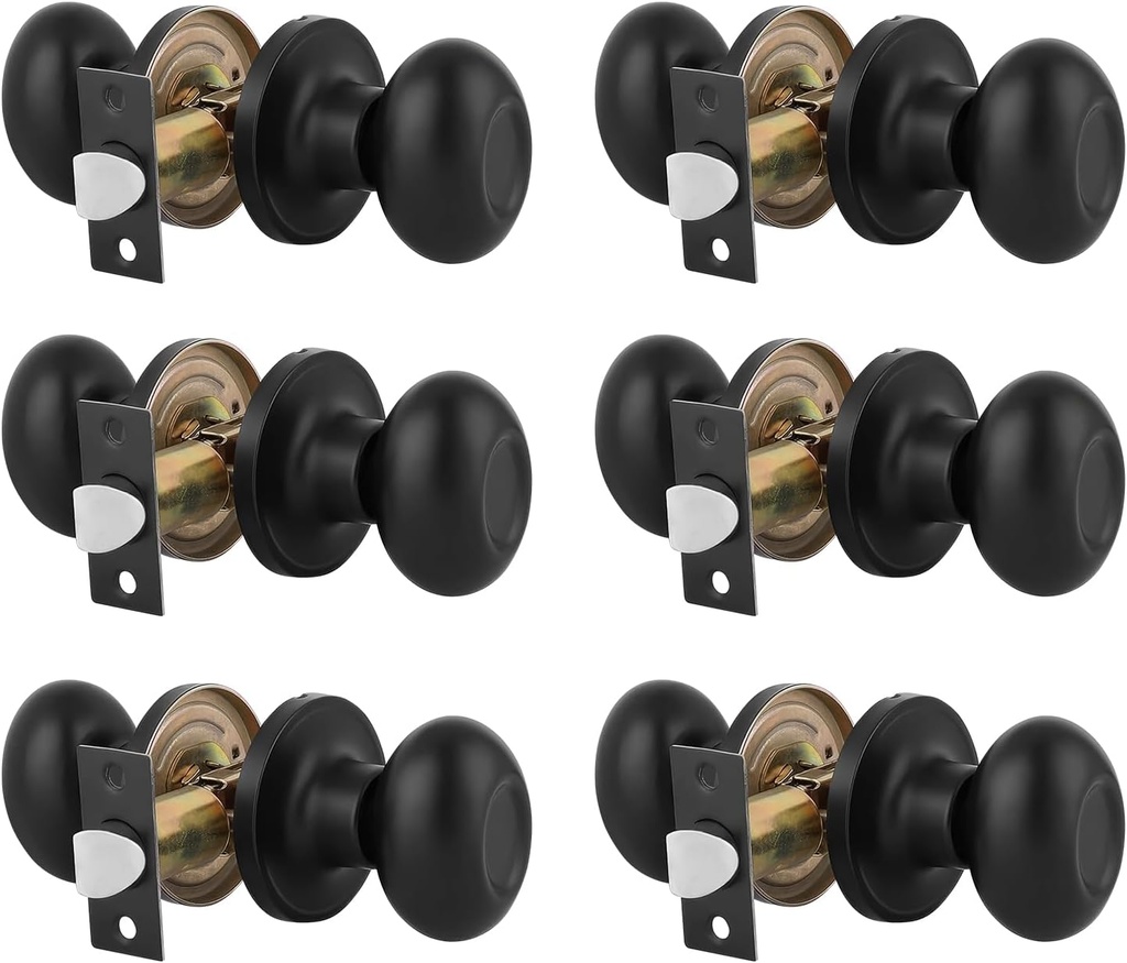 Gobrico 6 Pack Passage Door Knobs Oval Egg Shaped Door Knobs for Hallway Laundry Passage Function Locksets Without Key in Black Finish