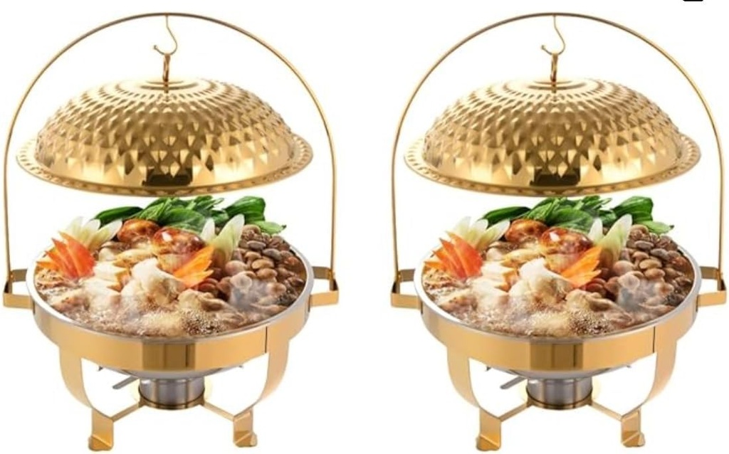 Luxury 8QT Chafing Dish Set of 2 – Elegant Stainless Steel Buffet Warmers with Gold Accents, Lids, Food & Water Pans, Fuel Holders [Worry-Free Assemble] for Weddings, Catering & Events