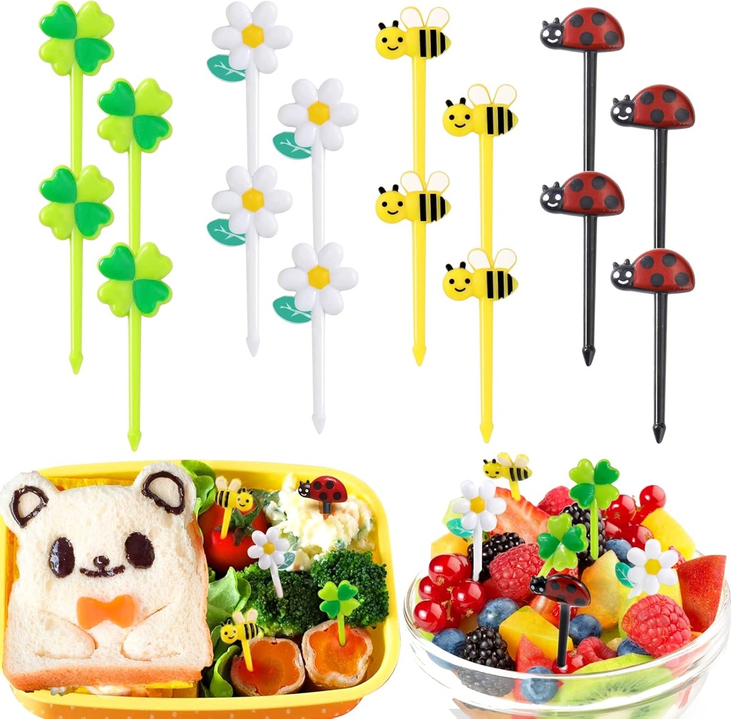 AIERSA Food Picks for Kids Bento Box, 16Pcs Reusable Bees, Daisy, Four Leaf Clover, Ladybug Food Fruit Picks, Lunch Bento Box Accessories for Kids