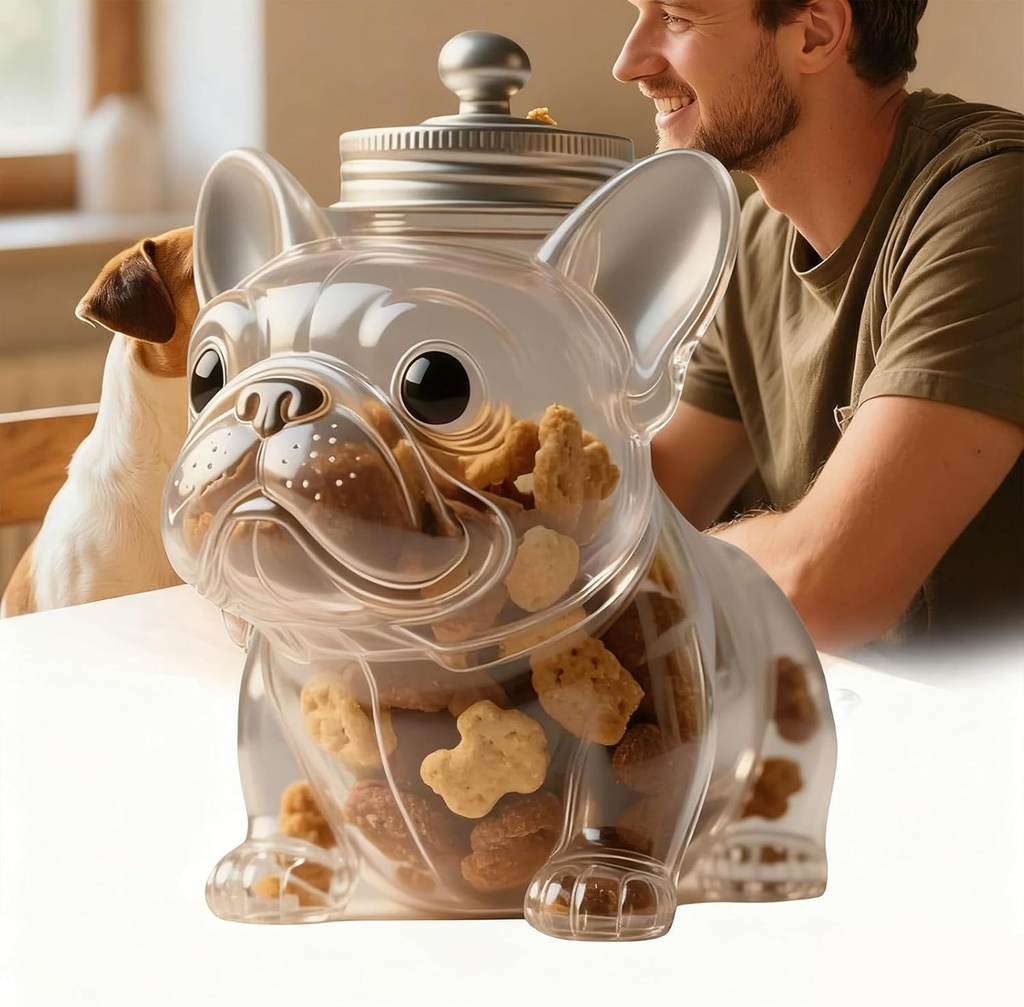 French Bulldog Treat Jar – Airtight Glass Snack Container with Lid, Cute Dog-Shaped Candy Jar for Cookies, Coffee Pods, Pet Treats – Decorative Kitchen Storage for Dog Lovers (Bulldog Treat Jar)