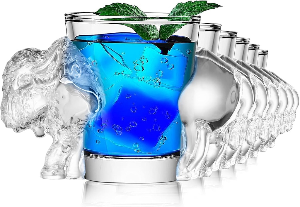 Tirplorare Shot Glasses - Unique and Durable Bison-shaped Glassware Set of 6 for Bartending and Party Supplies