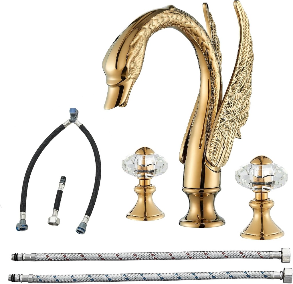 Gold Swan Bathroom Sink Faucet 3 Holes 2 Handle Crystal Bathroom Faucet Widespread Basin Vanity Mixer Contemporary Faucet Bathroom Sink High Arc Waterfall Lavatory Basin Sink Faucet