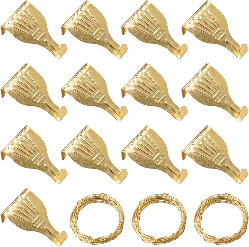 Picture Hanging Kit - 13pcs Brass Plated Hooks & 3 Rolls 3M Wires for Wall Display & Exhibition