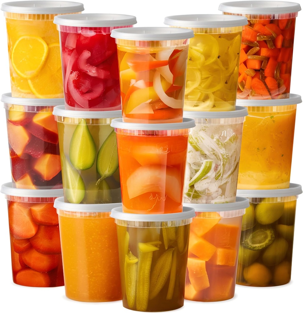 Pantry Value [32 oz. - 24 Count Plastic Food Storage Deli Containers with Lids, Disposable Soup Containers With Lids - Perfect for Storing Soups, Sauces, and Snacks