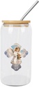 Glass Cups with Bamboo Lids And Straw 16 Oz, Easter Cross Angel Bible Motto I Am A Child of God Iced Tea Glasses Drinking Glasses Set Tumbler Glass Can Coffee Cups, Drinking Glassware