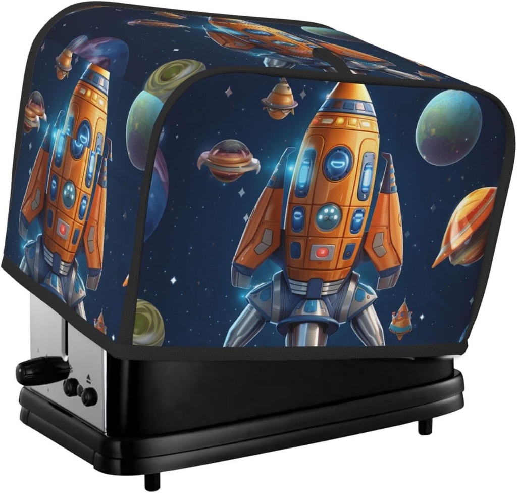 Cartoon Spaceship Rocket Toaster Cover 2 Slice, Waterproof Bread Machine Covers with Pockets Universal Size Kitchen Small Appliance Cover with Handle, Dust and Fingerprint Protection