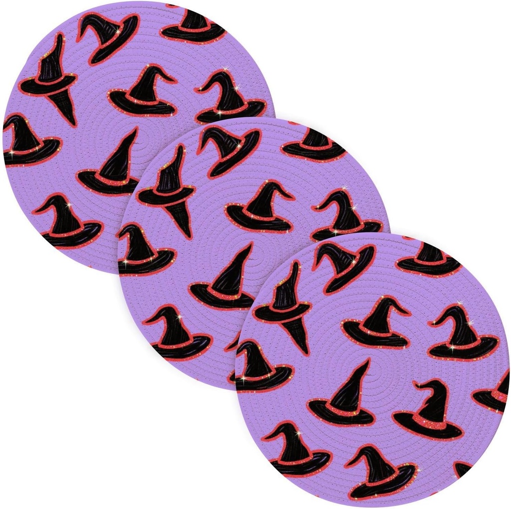 3 Pcs Absorb Water Hot Mats for Crock Pot Happy Halloween Witch Hat Purple 15in Polyester-Cotton Thread Weave Protecting Table Porta platos para mesa
