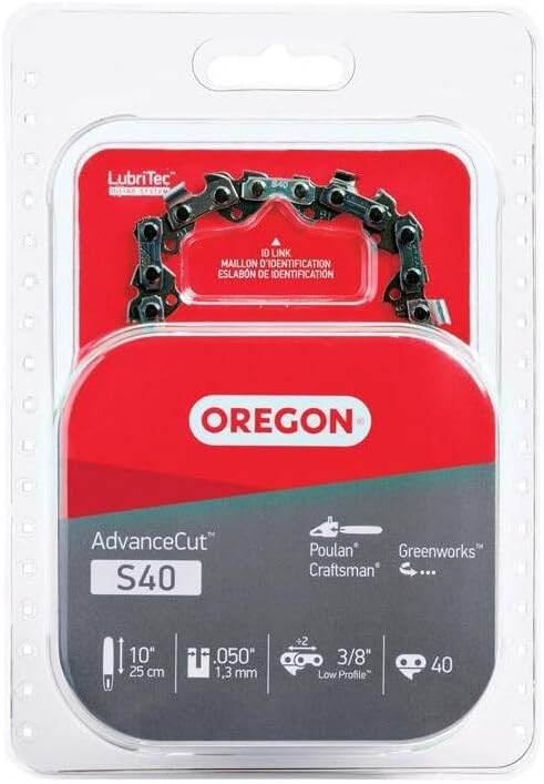 Oregon S40 AdvanceCut Chainsaw/Pole Saw Chain for 10-Inch Bar, 40 Drive Links, Low-kickback, Fits Echo, Sun Joe, Greenworks and more, Brown/a