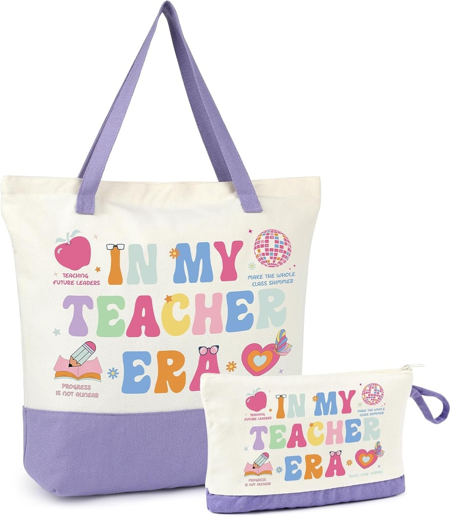 Aileam 2 Pcs Teacher Appreciation Gift Set Canvas Tote Bag Makeup Bag Thank You Teacher Gift Graduation Christmas Reusable Beach Shopping Purple
