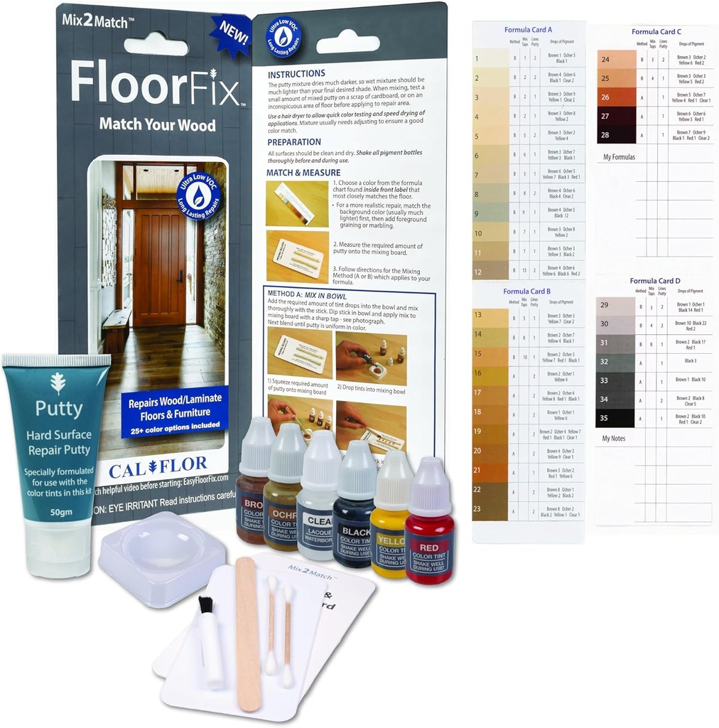 FloorFix Mix2Match Hardwood & Laminate Repair Kit – 20 Color Formulas + Grain & Gloss Tools