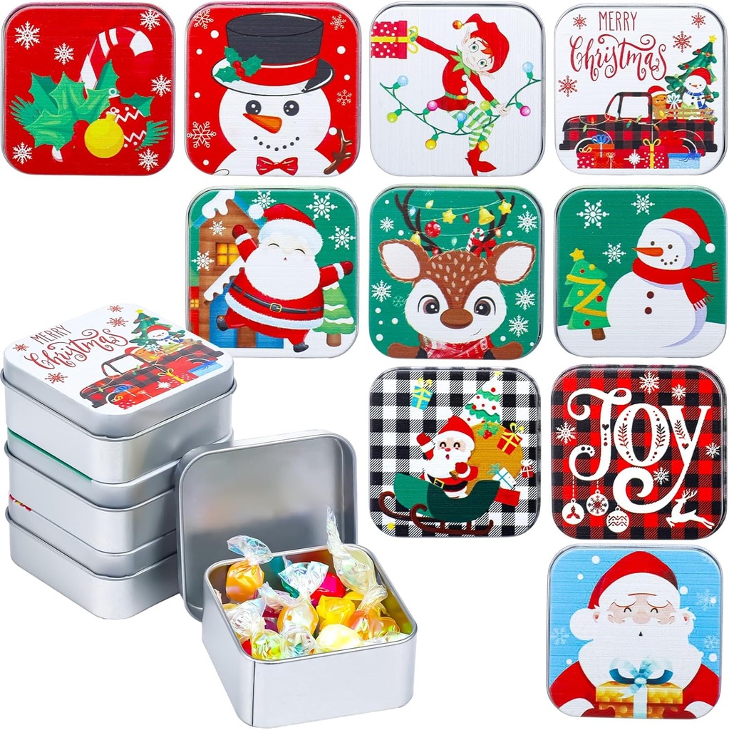 20 Pcs Christmas Cookie Tins with Lids Christmas Tins and Boxes Santa Snowman Elk Candy Box Tinplate Candy Bins Decorative Novelty Treat Gift Funny Stocking Stuffers for Holiday Gifts