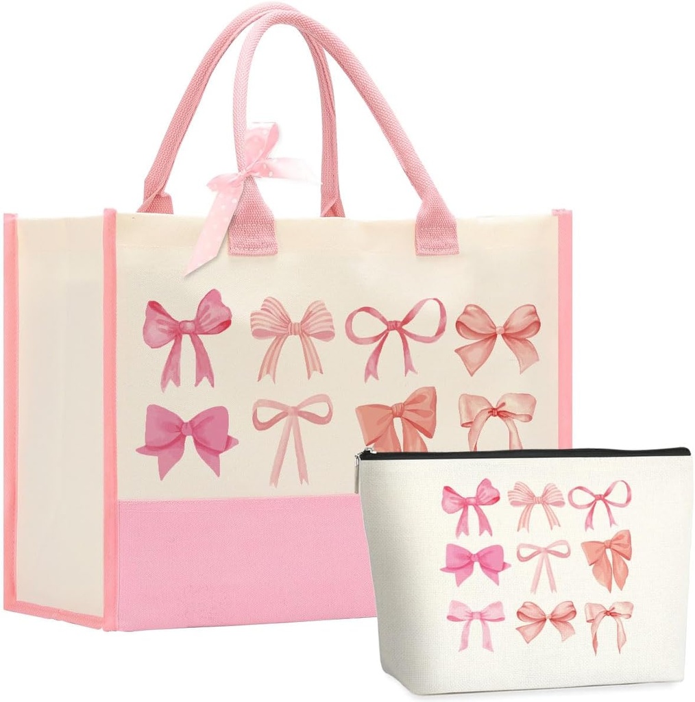 Bow Tote Bag 2Pcs Coquette Pink Bow Preppy Makeup Bag Set Cute Aesthetic Pink Bow Canvas Reusable Grocery Shopping Bag