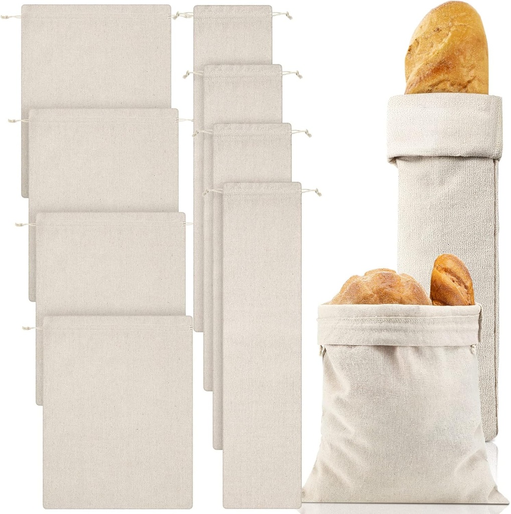 Woanger 8 Pcs Linen Sourdough Bread Bag Burlap Drawstring Reusable Bread Bags 12 x 15 Inch 6 x 27 Inch for Homemade Large Storage Unbleached Container Gift(Blank Pattern)