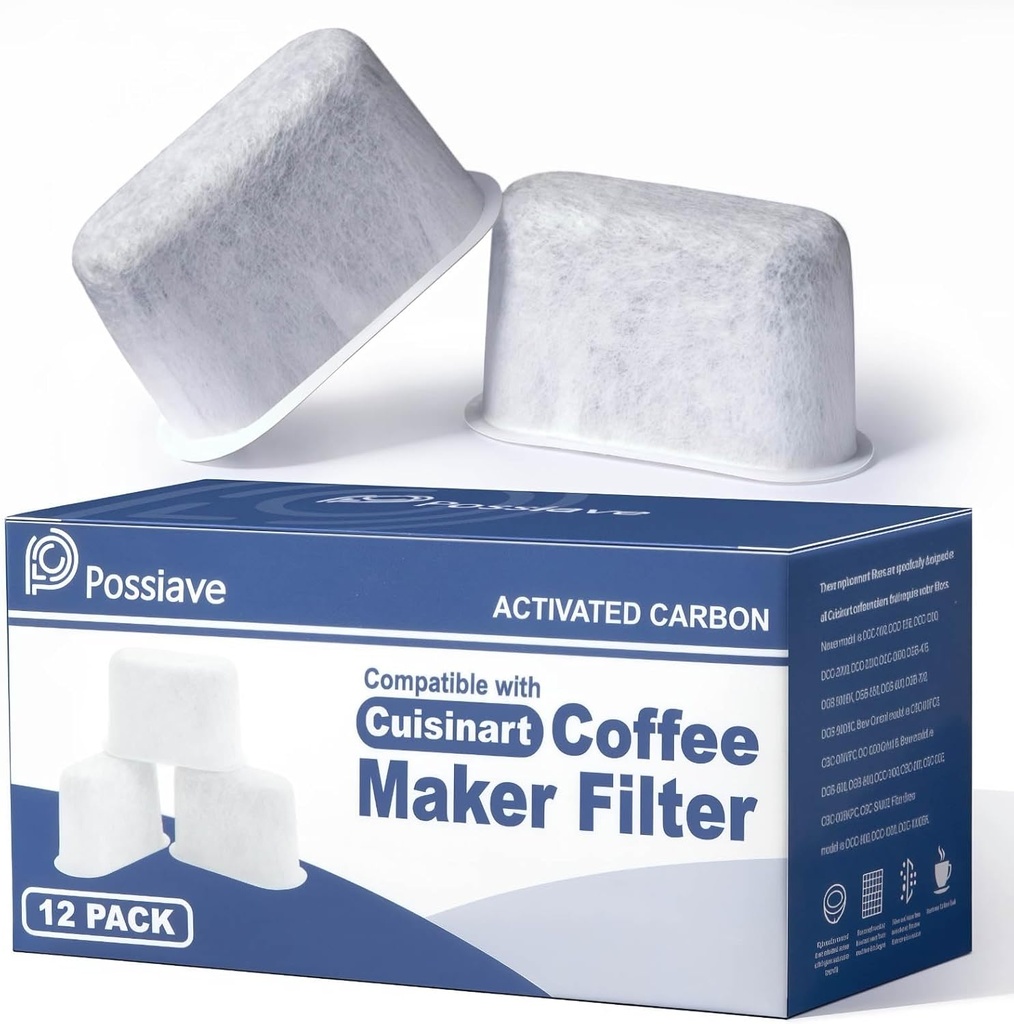 12 Pack Cuisinart Compatible Coffee Filter Replacement by Possiave - Charcoal Water Filter for Cuisinart - Fits all Cuisinart Coffee Machines