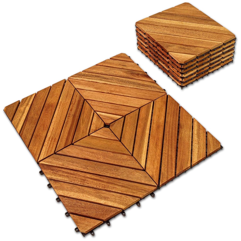 Interlocking Deck Tile (Pack of 10, 12"x12") Acacia Hardwood Deck Tile, Interlocking Patio Tile in Solid Acacia Wooden Oiled Finish Waterproof all Weather Perfect for Indoor Outdoor(Golden Teak Color)