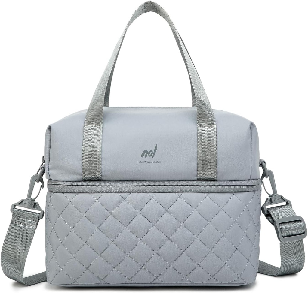 NOL Natural Organic Lifestyle Women Reusable Lunch Bag Leakproof Medium Insulated Nylon Cooler Bag with Detachable Strap (Light gray)