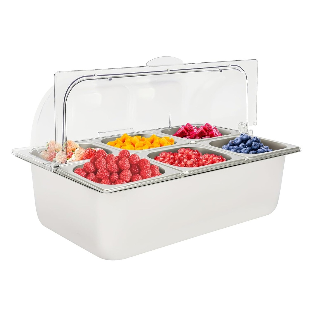 Countertop Ice Food Serving Display Container, 6 Pans Ice Food Serving Display Tray with Clear Roll Top Cover, Hot & Cold Buffet Condiment Dispenser Display Rack for Restaurant Hotel Kitchen Party