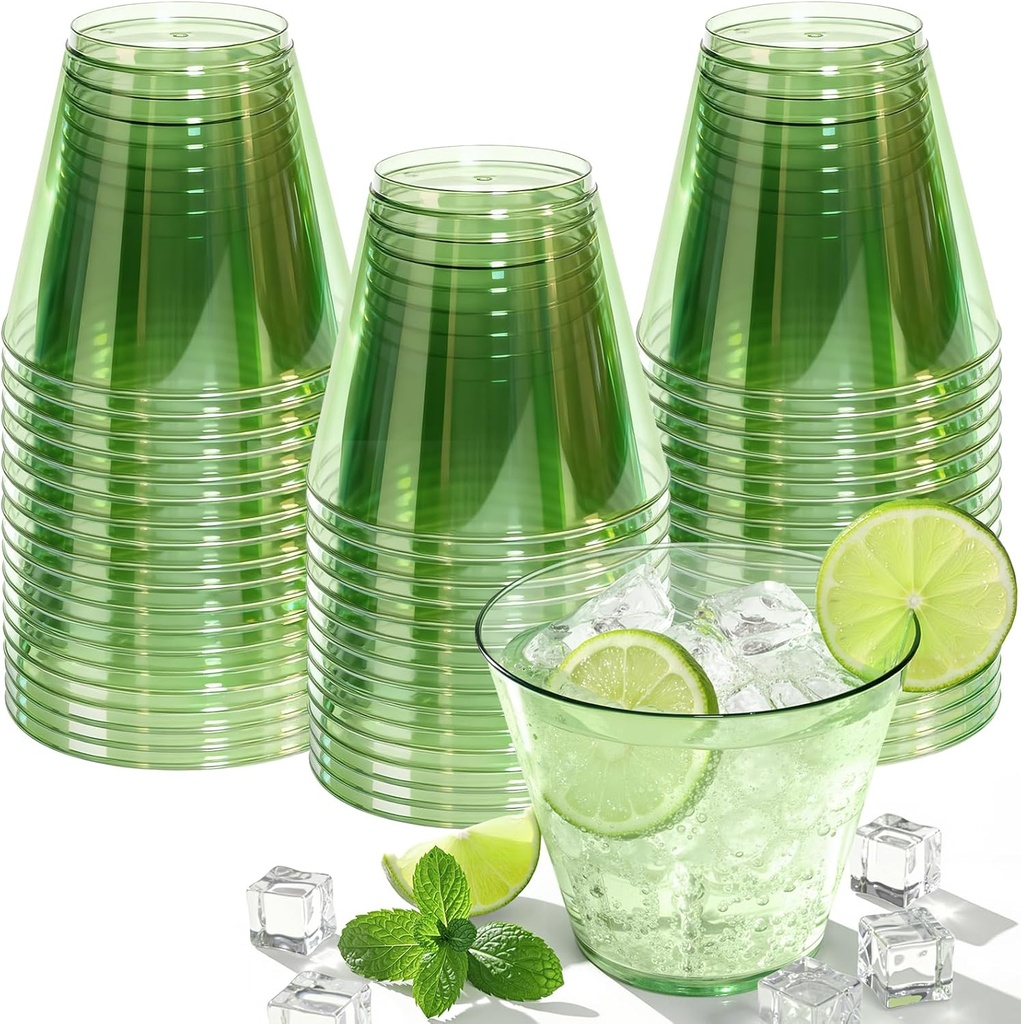 50 Pack Plastic Disposable Cups 9 oz Green Drinking Glasses for Cold Water Sturdy Plastic Cup for Cocktails Cups Bulk for Wedding Thanksgiving Christmas Party