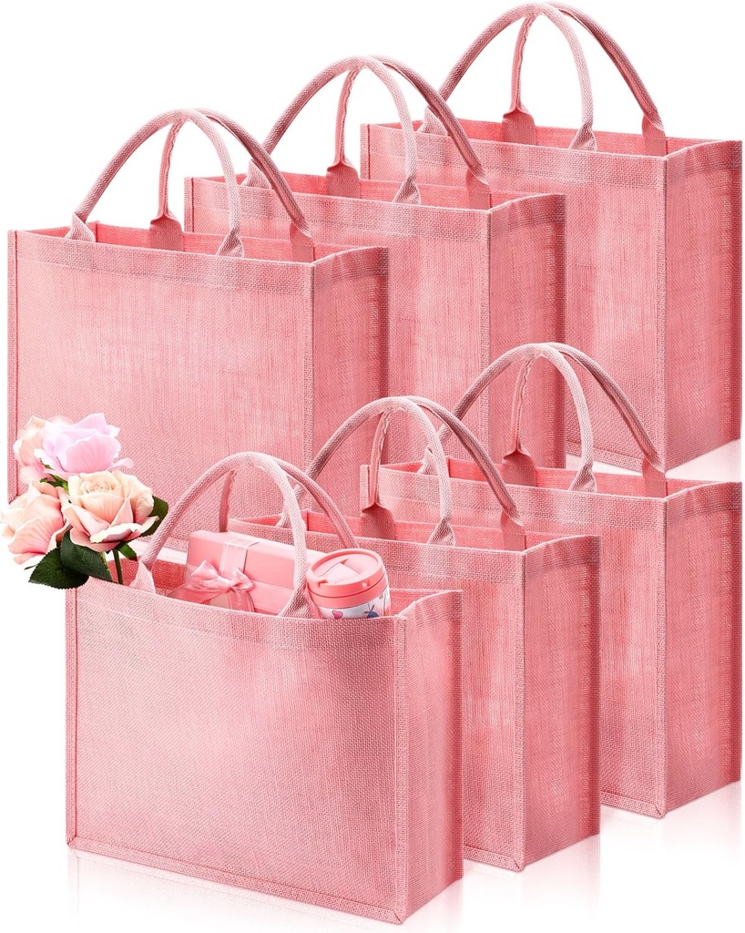 Shappy 6 Pcs Burlap Tote Bags with Handles, Jute Grocery Bags with Laminated Interior for Wedding, 15.8 x 11.8 x 5.9 Inch (Pink)