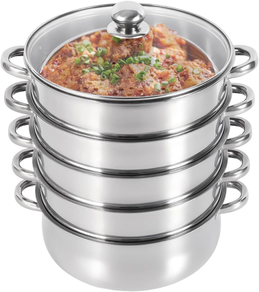 Steamer Pot, 5 Tier Stainless Steel Steam Cooker, Multiple Steamer Pot, Cooking Food Vegetable Tool, with Stackable Pan and Glass Lid, for Steaming Pasta Dumplings fish, shrimp, Kitchen, 14.37*15.55in