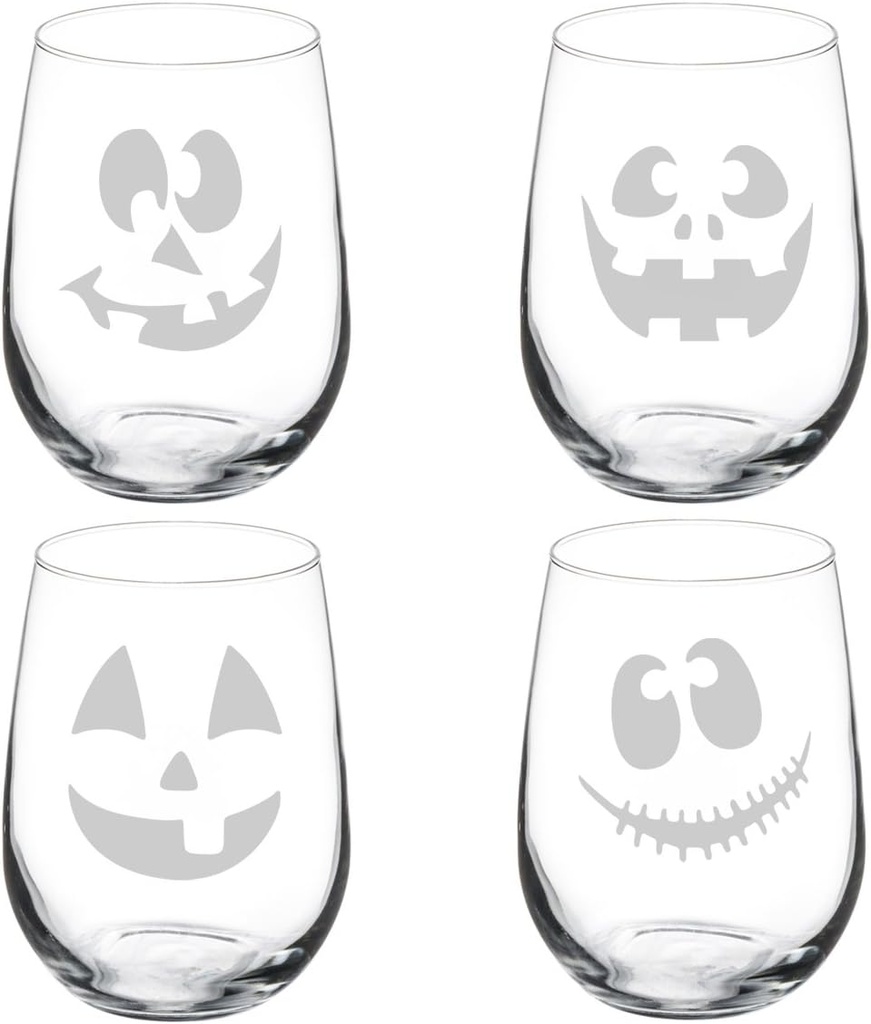 Set of 4 Wine Glass Goblet Jack O' Lanterns Halloween Collection (17 oz Stemless)