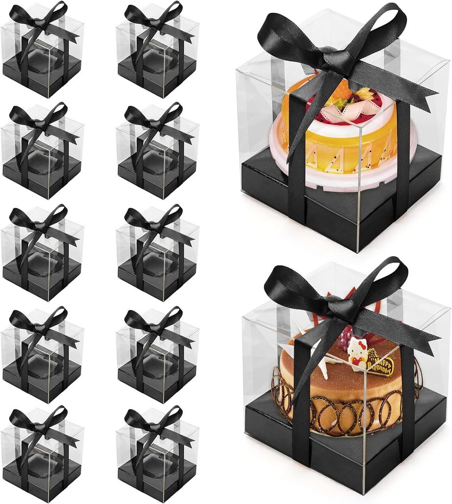 12 Pack Clear Plastic Cupcake Boxes, 3.5 Inch Gold Single Cupcake Containers Disposable Individual Cup Cake Carrier Holder Boxes with Inserts and Ribbon (Black)