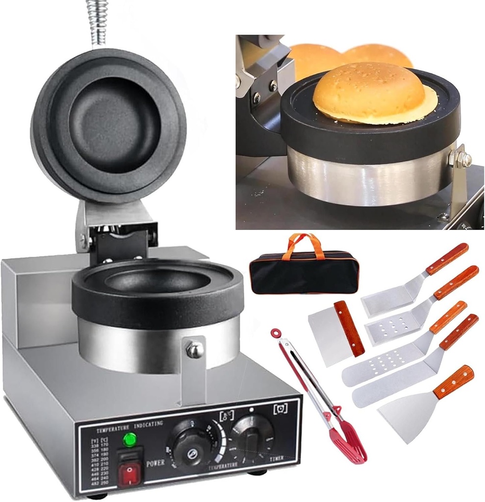 1200w Commercial Electric Burger Waffle Maker Machine W/8 Shovel, Non Stick Hamburger Press Machine Stainless Steel Ice Cream Burger Baker For Waffles,Ice Creamhousehold Hamburger Maker,Grey
