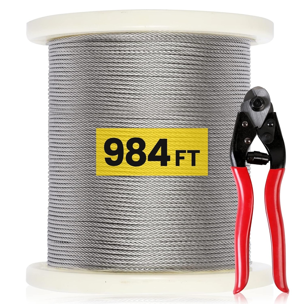 Helffer 1/8" T316 Stainless Steel Cable, 984FT Stainless Steel Wire Rope & Wire Cable with Cutters, 7x7 Strands, Marine Aircraft Cable, Strong Steel Cable for Deck Railing/Outdoor DIY Kit
