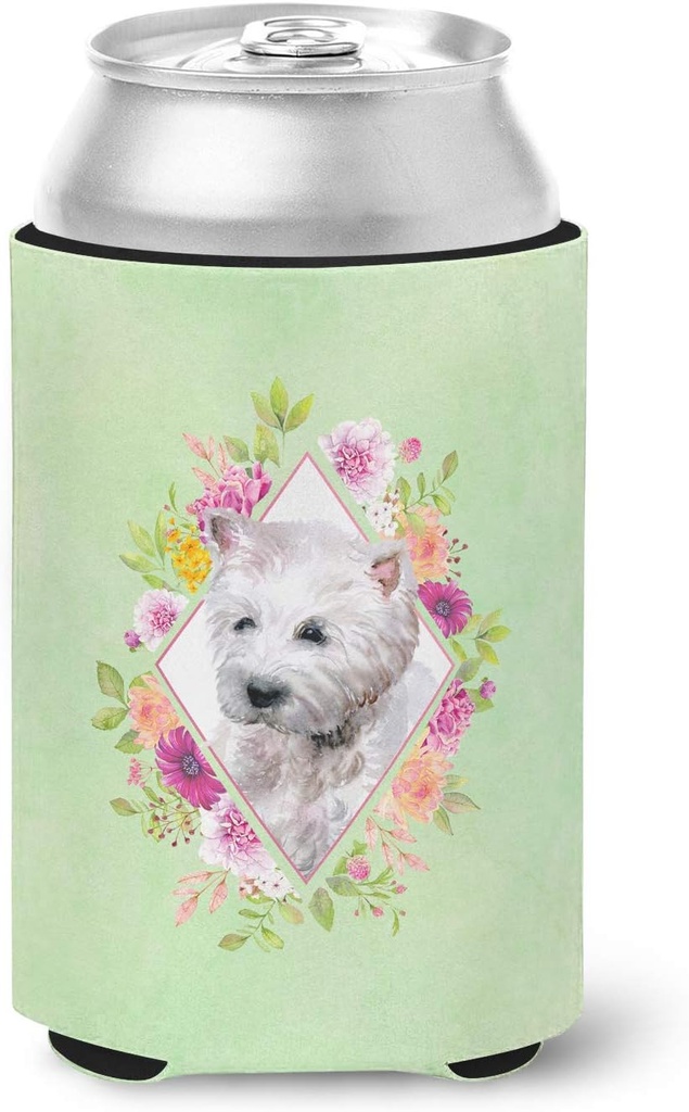 Caroline's Treasures CK4353CC West Highland White Terrier Green Flowers Can or Bottle Hugger Cooler Washable Drink Sleeve Collapsible Beverage Insulated Holder, Can Hugger, Multicolor