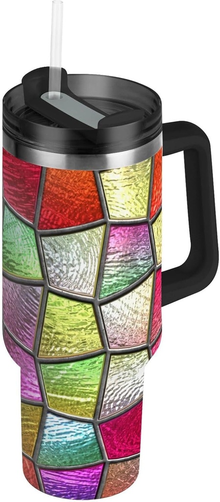 Glass Geometric Vacuum Reusable Large Water Bottle with Straw Leak Resistant Flip Coffee Mug With Lid for Water, Iced Tea or Coffee