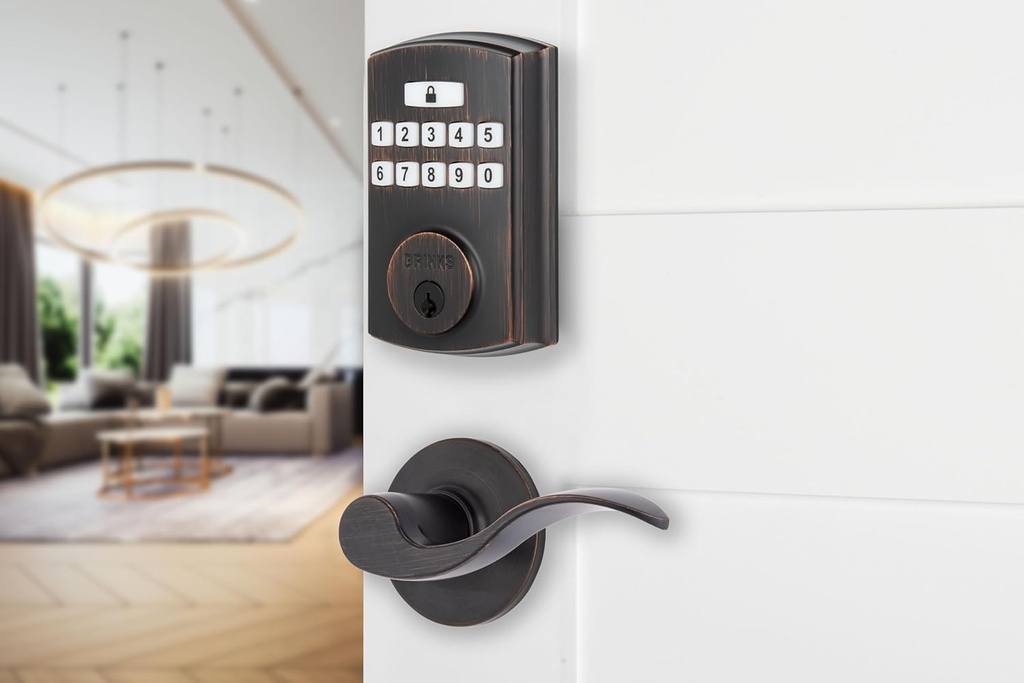 BRINKS Keyless Entry Door Deadbolt, High-Security Keypad Door Lock, 50 User Codes, Auto Locking Feature (Deadbolt & Passage Lever, Tuscan Bronze)