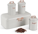 Plexon Metal Bread Box with Tea Coffee Sugar Container Set Off-White Bread Box for Kitchen Countertop with Canister Sets of 4