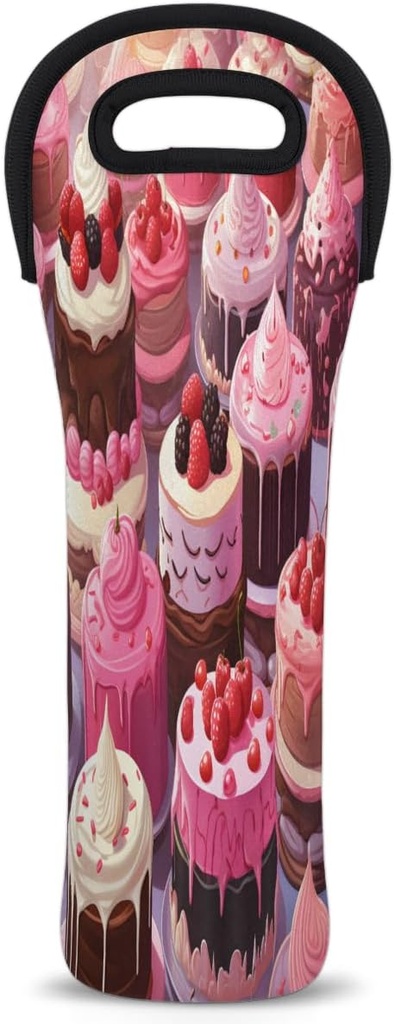 Cake Pattern Design Wine Tote Bag Insulated Neoprene Wine Carrier Bags with Carry Handle Reusable Portable Wine Bottle Holder for Travel Party Picnic