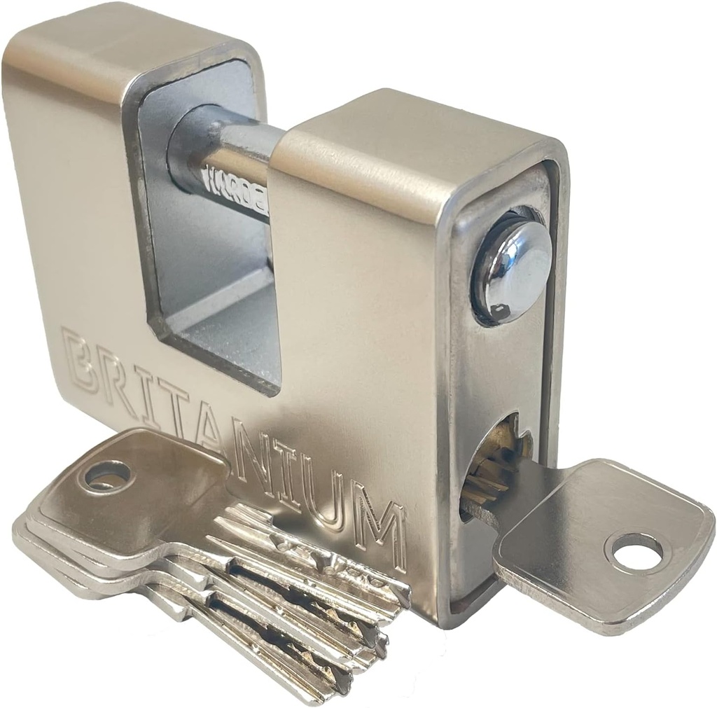 Britanium® BRP74 [Armoured] High Security Padlock - [Anti Drill Cylinder] - Heavy Duty Lock for Storage Unit with 0.67” Shackle Clearance, Motorbike, Shed & Garage Silver