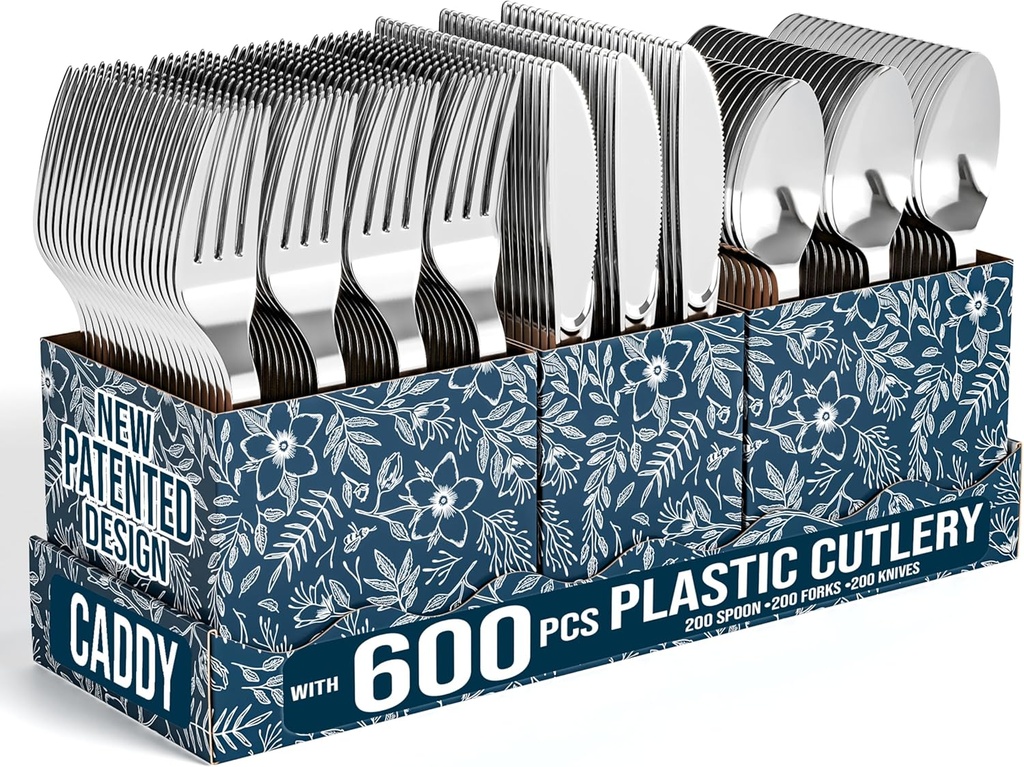 Exquisite Silver Plastic Silverware Heavy Duty 600 Pack - Utensil Caddy For Parties, Utensil Holder For Kitchen Counter 200 Each Plastic Spoons Forks & Knives Set Flatware Sets Disposable Silverware.