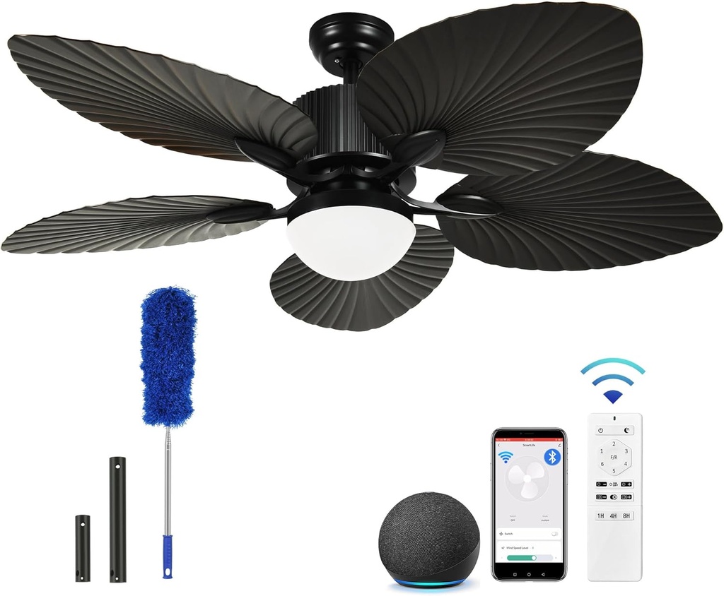 YITAHOME Tropical Ceiling Fan with Lights, 3 Ways Control, Dimmable 52 Inch Retro Ceiling fan with Cleaner Duster, Black Smart Ceiling Fan Compatible with Alexa for Living Room, Dining Room