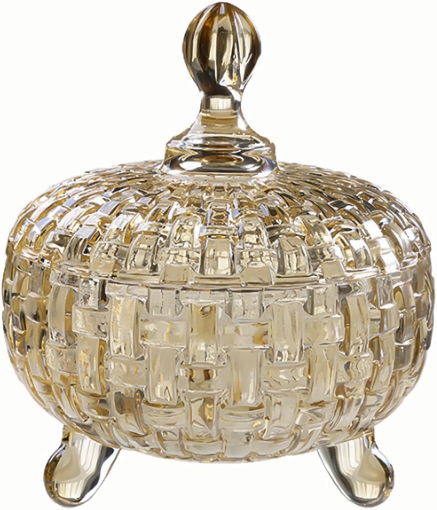 Crystal Glass Candy Jar with Lid,Weave Decorative Candy Bowl,700ml Cookies Nuts Chocolates Fruits Jewelry Storage Containers for Wedding Home Kitchen,Amber