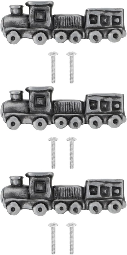 TEHAUX Train Drawer Knobs Set of 3 Zinc Alloy Nursery Dresser Pulls with Screws Grey Cabinet Handles for Kids Room Wardrobe and Cupboard Hardware