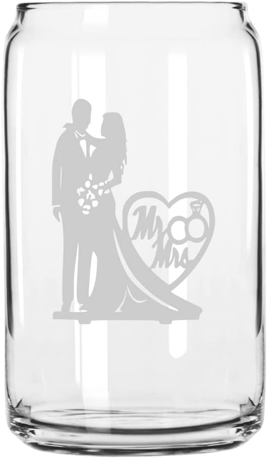 Mr & Mrs Silhoutte with Rings Wedding Silhouettes Etched 16oz Can Glass