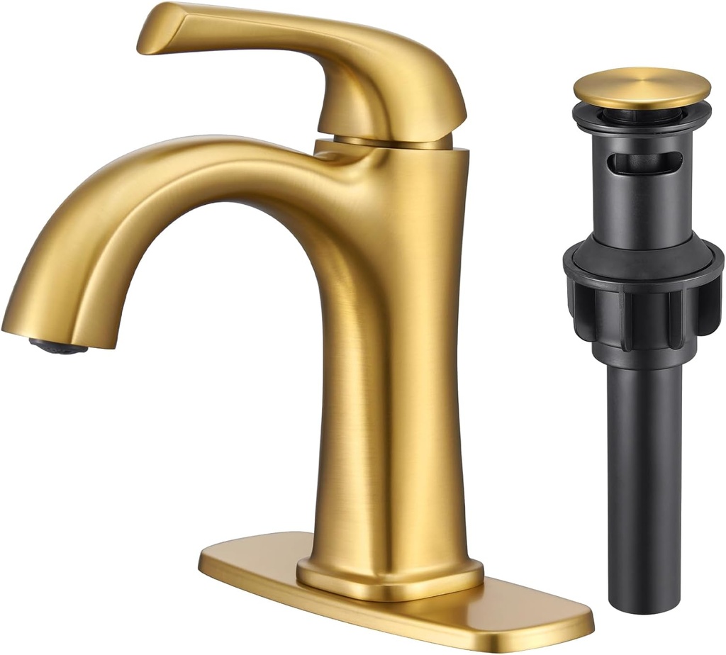 Bathroom Faucet 1 Hole, Sink Faucet for Sink Brushed Gold Bathroom Faucets for Bathroom Vanity One Hole, with Pop Up Drain & Deckplate Farmhouse