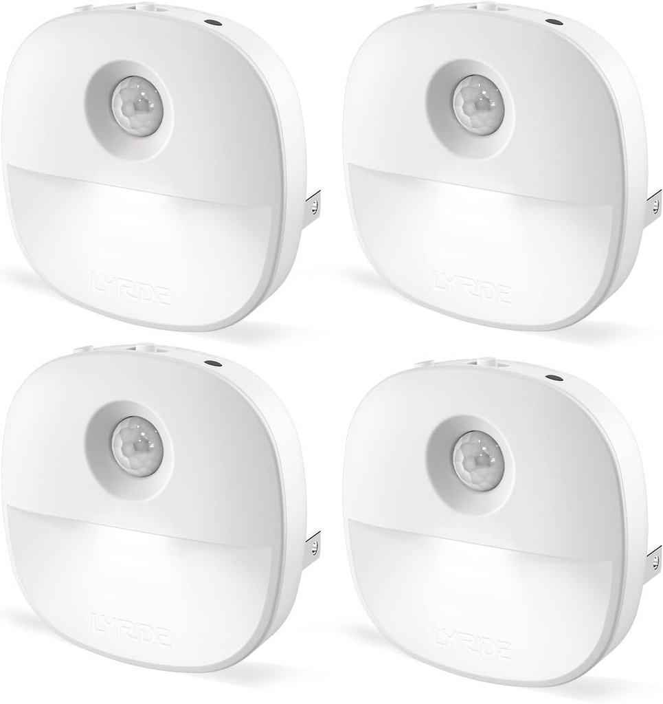 Lyridz Plug in Night Light with Motion Sensor and Dusk to Dawn Sensor, Dimmable Cool White Nightlight with 1-50lm Adjustable Brightness for Bedroom, Bathroom, Stairs, Hallway, 4 Pack