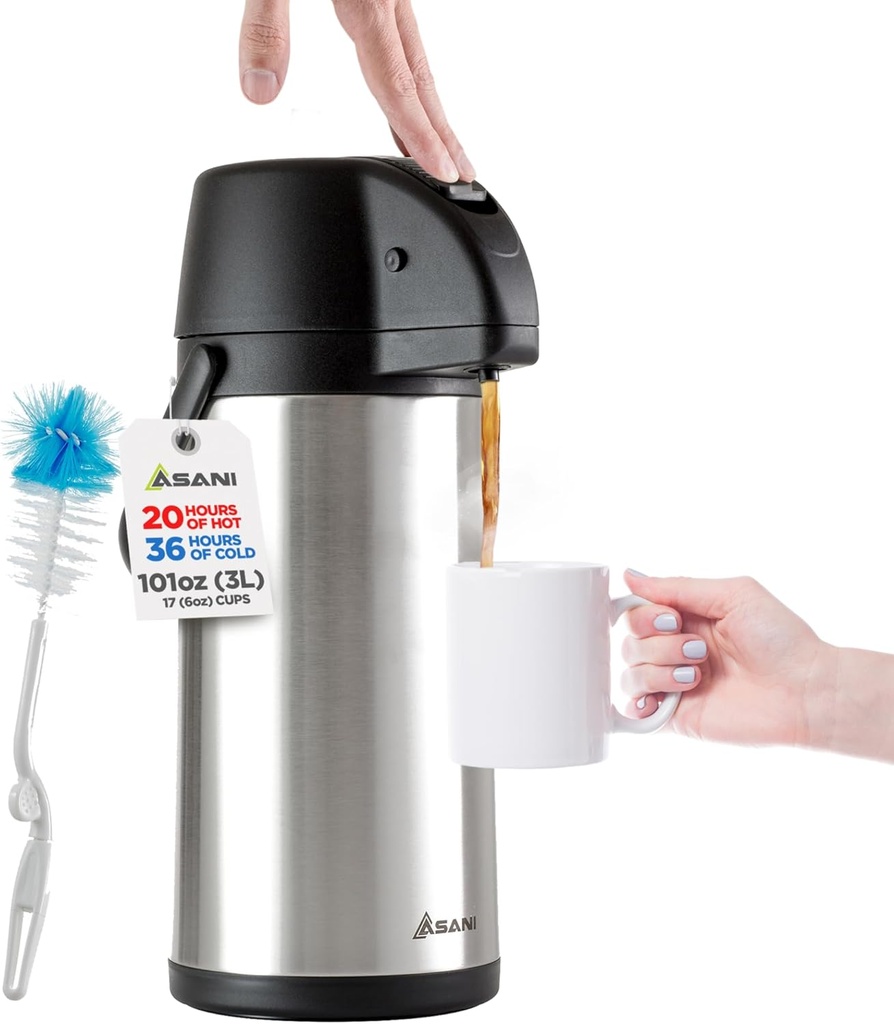 Asani Thermal Coffee Airpot Carafe (101oz) | 17-Cup Insulated Thermos with Pump Beverage Dispenser | 20-Hour Hot and Cold Insulation | Stainless Steel Urn for Tea, Water, Coffee, Iced Drinks